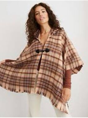aerie Plaid Hooded Poncho in Tan, Brown and Blue NWOT
